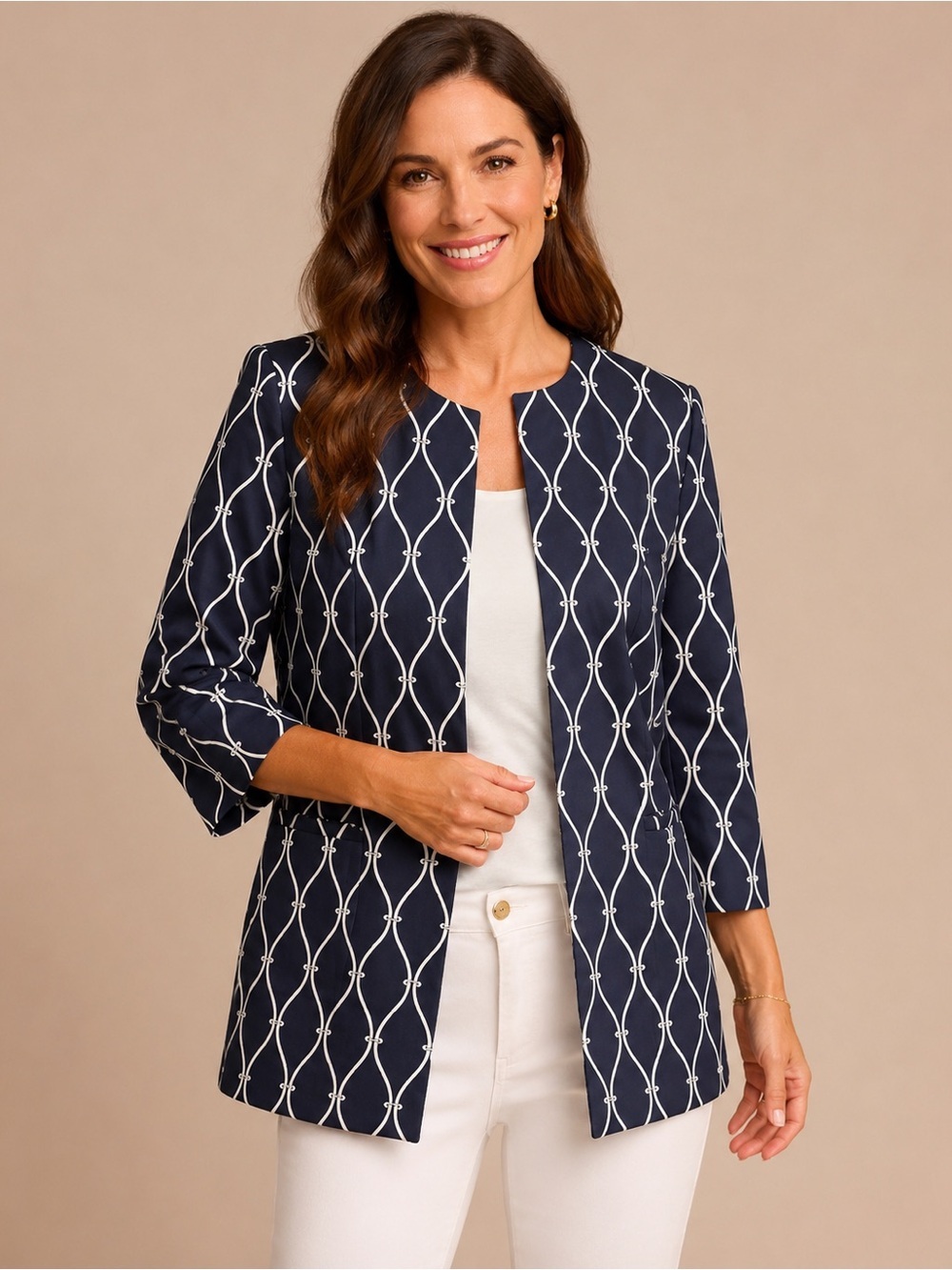 Talbots Nautical Chain Print Open Front Blazer Jacket Navy White Size 10